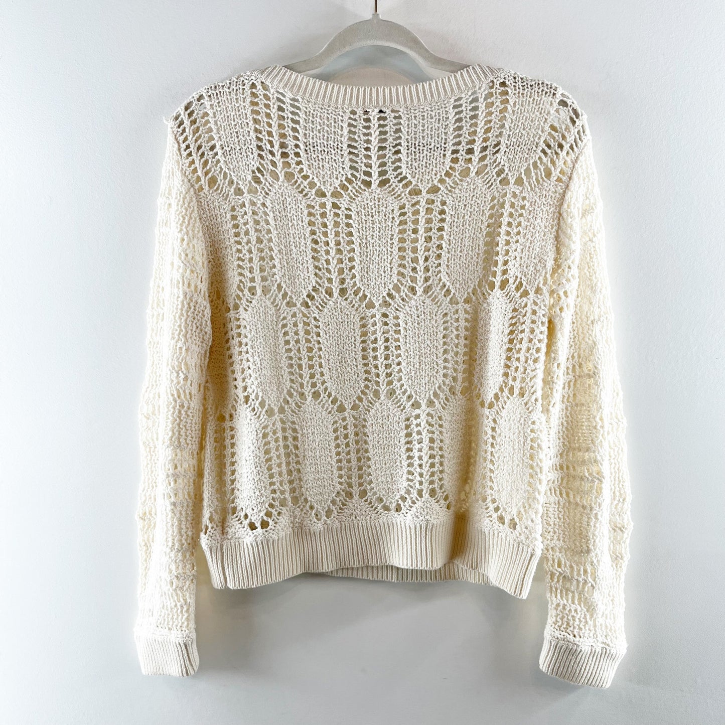 Free People Cotton Crochet Long Sleeve Crewneck Sweater Ivory Large