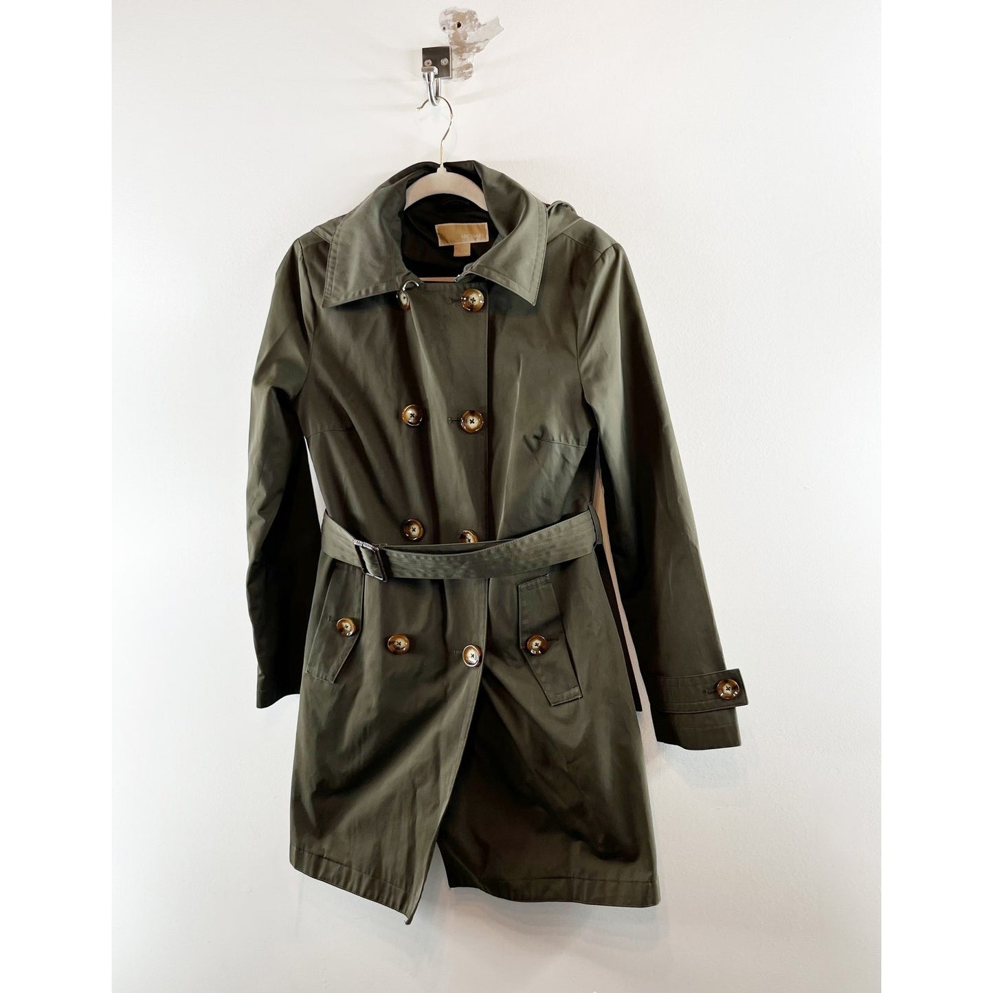 Michael Kors Belted Double Breasted Hooded Trench Coat Olive Green Small