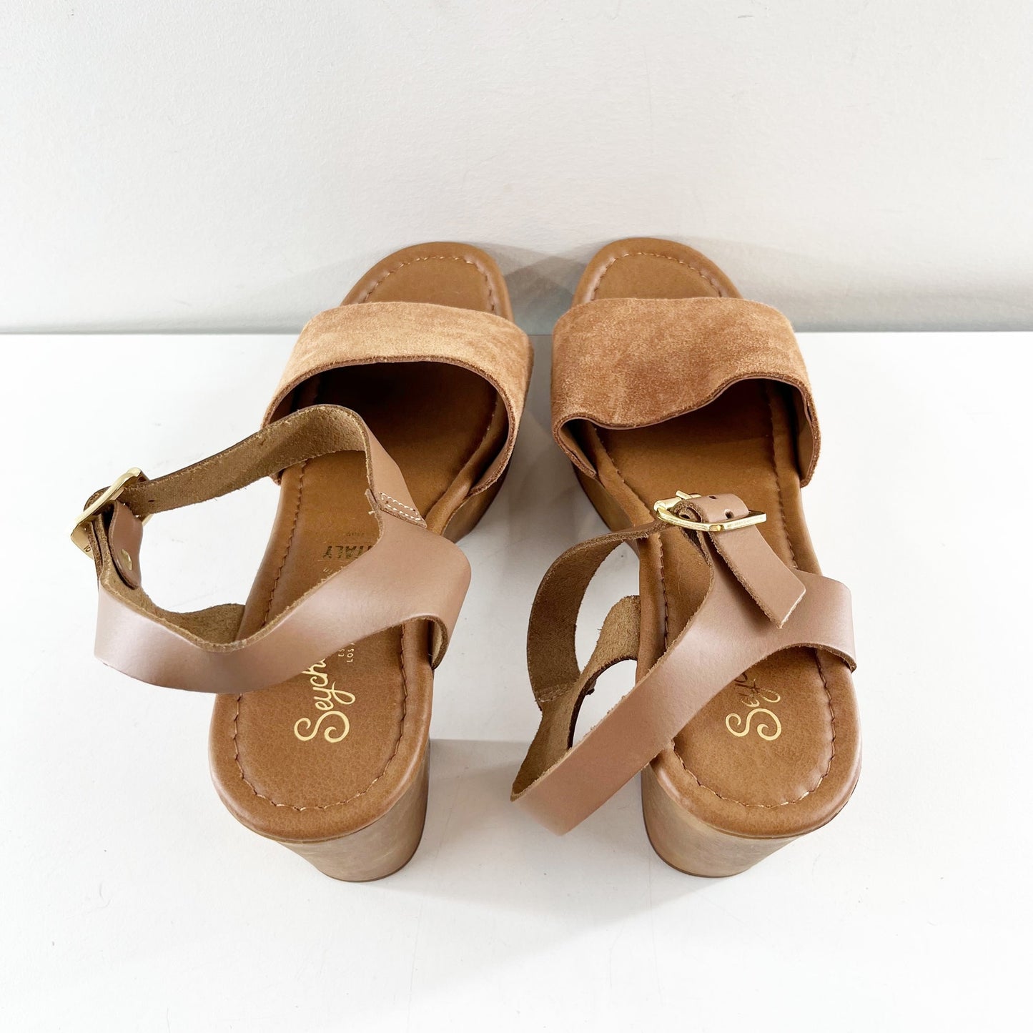 Seychelles Jump For Joy Wood Heel Leather Sandals Shoes Cognac Brown 7