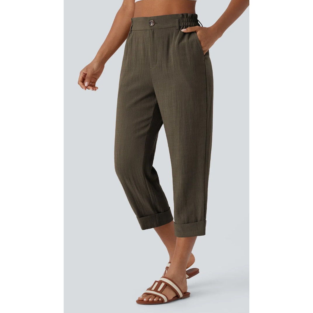 Halara High Waisted Zipper Pocket Cropped Linen-Feel Pants Dark Earthy Brown XL