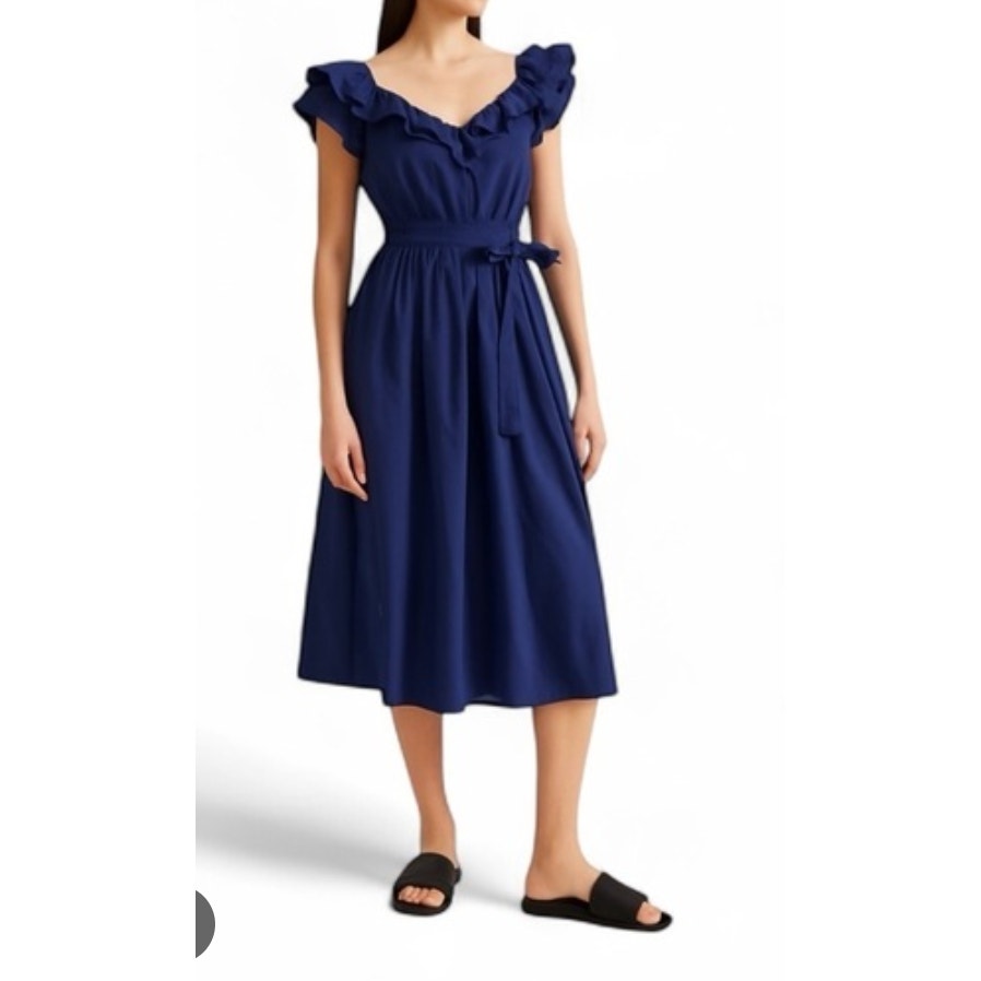 Hill House The Ava Ruffle Strap Belted Tie Waist Midi Dress Navy Blue XS