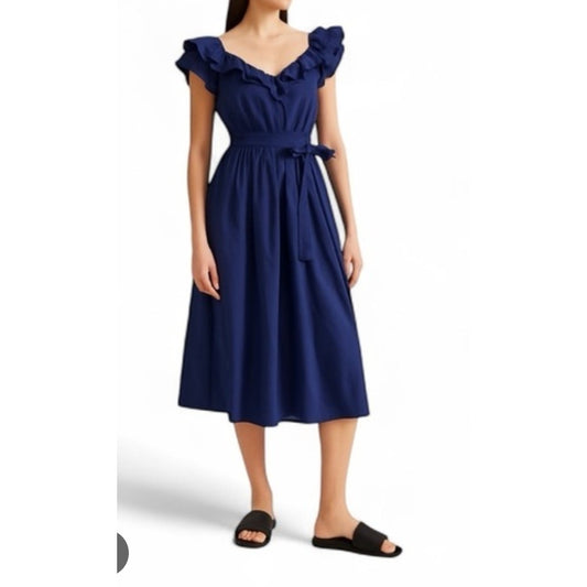 Hill House The Ava Ruffle Strap Belted Tie Waist Midi Dress Navy Blue XS
