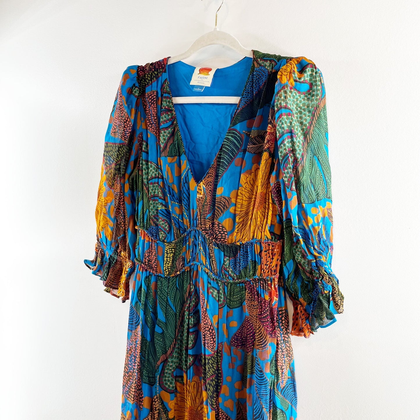 Farm Rio Anthropologie Puff-Sleeve Smocked Tiered Maxi Dress Blue Small