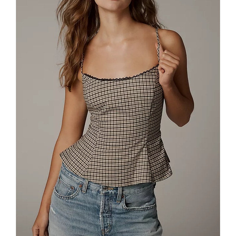 Reformation Genevieve Sleeveless Smocked Strappy Peplum Top Green Plaid 6
