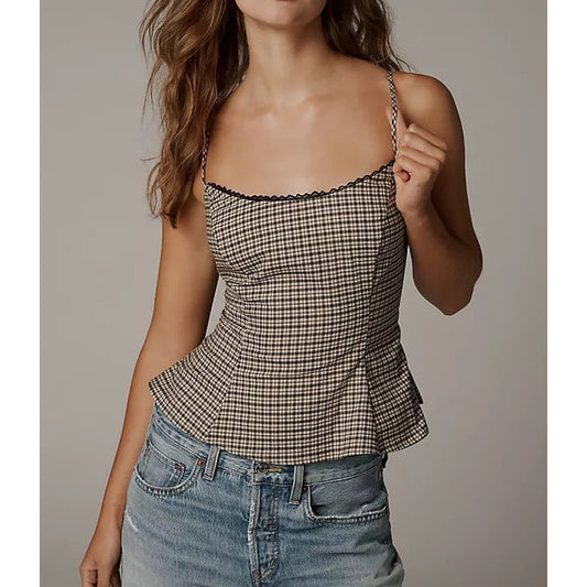Reformation Genevieve Sleeveless Smocked Strappy Peplum Top Green Plaid 6