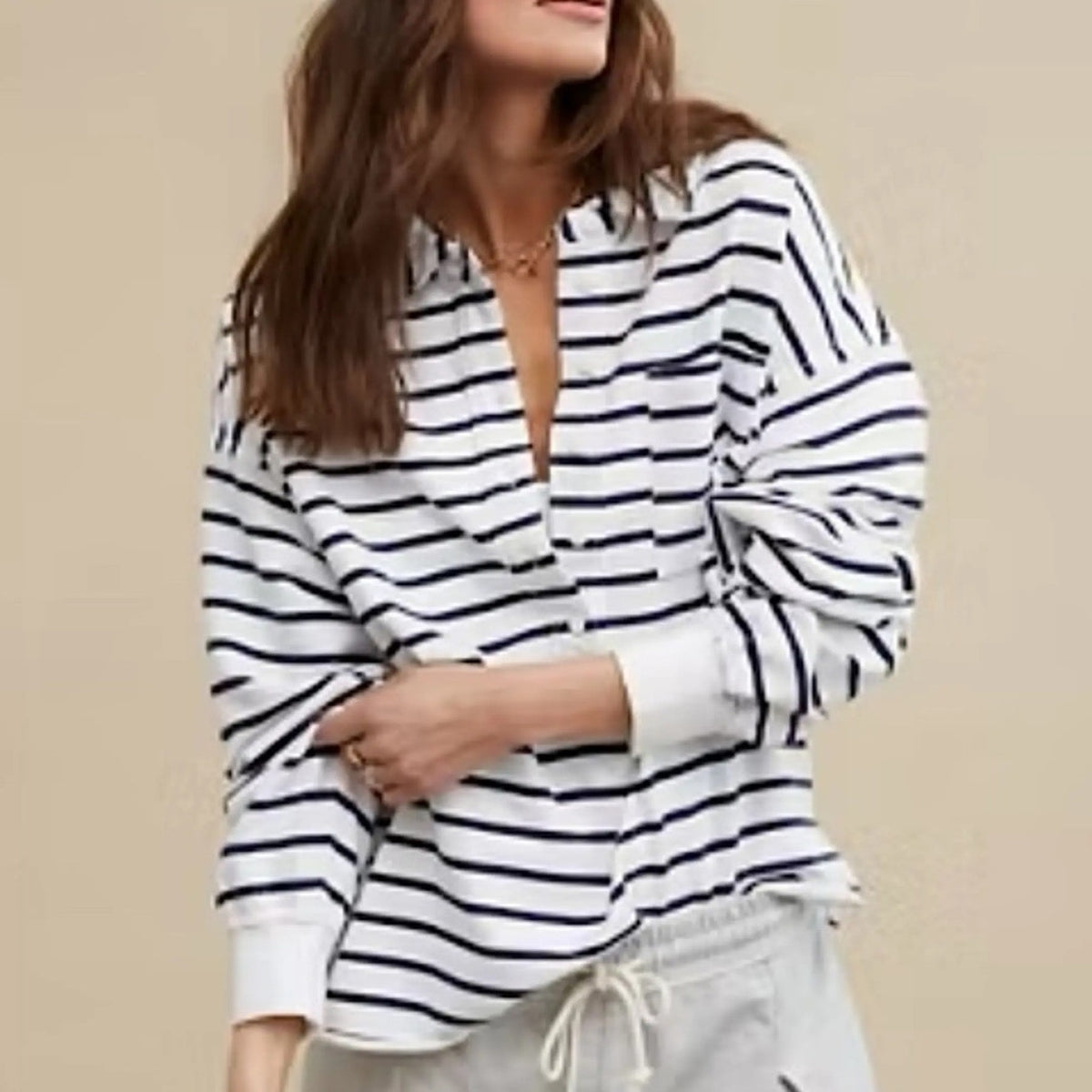 Aerie Take It Easy Long Sleeve Popover Polo Sweatshirt White Navy Small