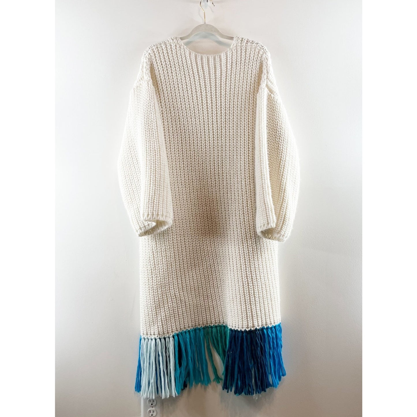 By Anthropologie Fringe Duster Kimono Cardigan Sweater Cream Blue Ombre O/S