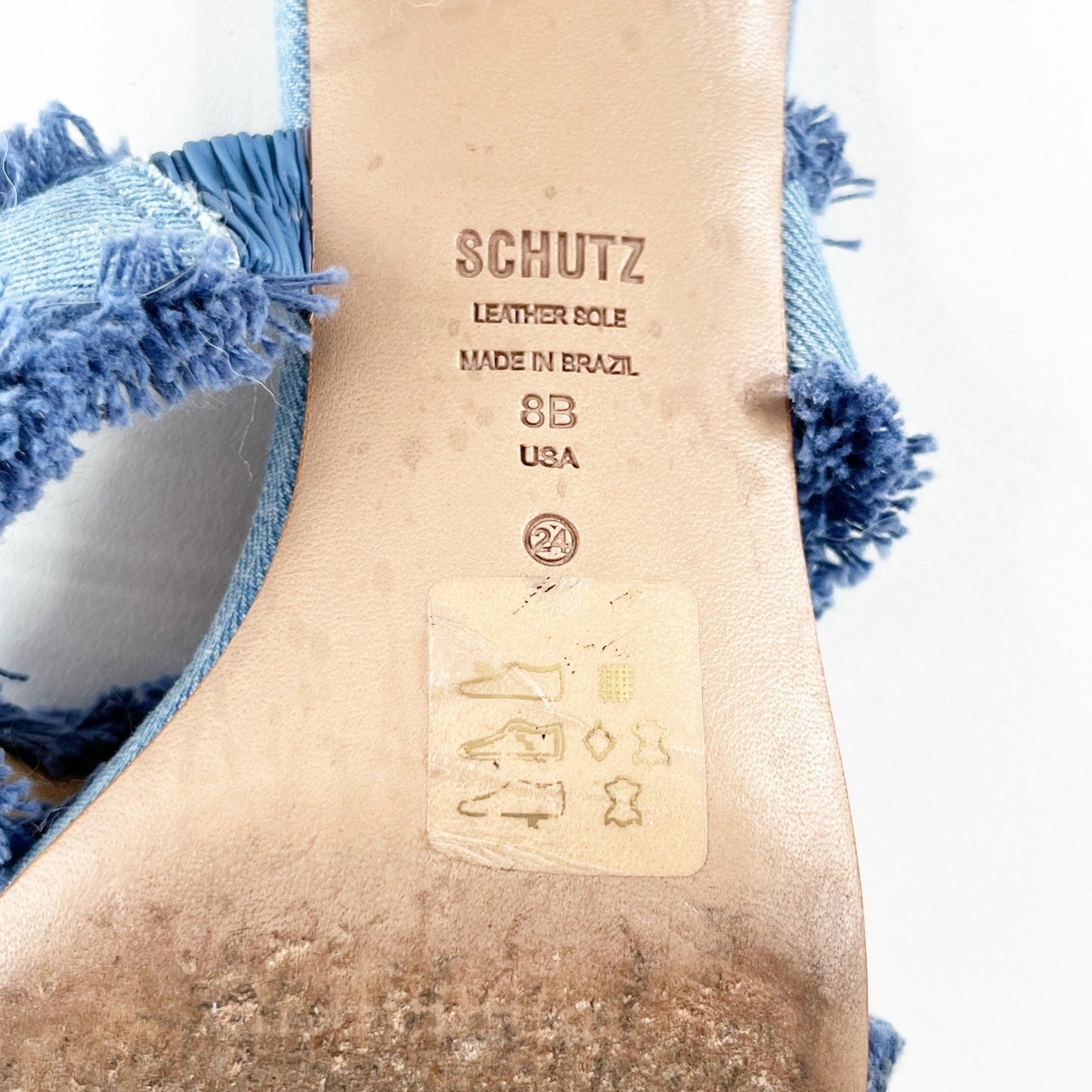 Schutz Amely Slip On Fringed Double Strap Mid Block Denim Mule Sandal Blue 8