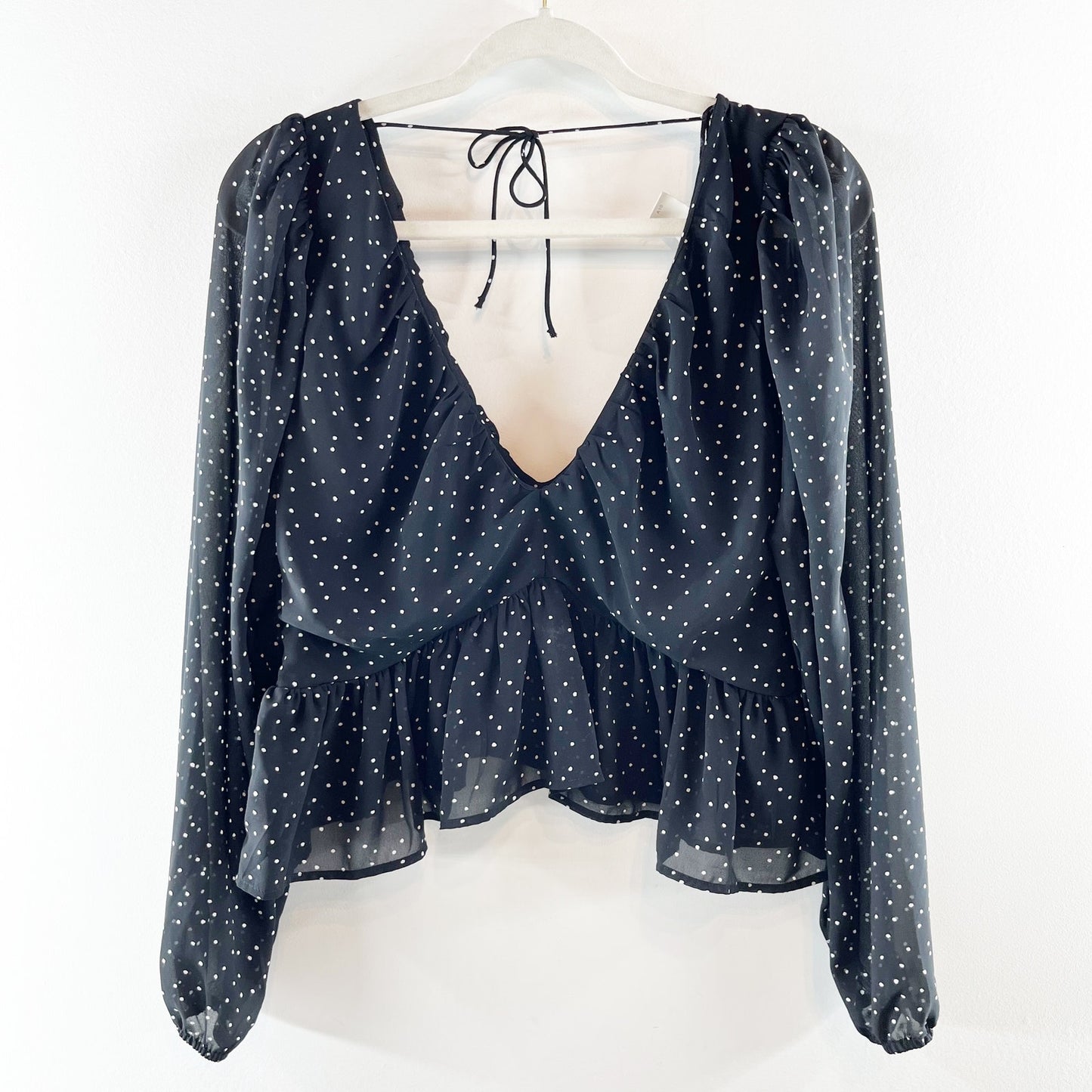H&M Long Sleeve Polka Dot V Neck Peplum Crop Blouse Shirt Top Black Large