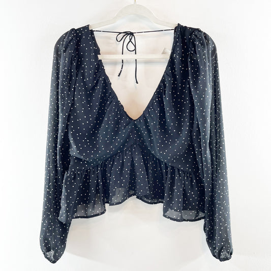 H&M Long Sleeve Polka Dot V Neck Peplum Crop Blouse Shirt Top Black Large
