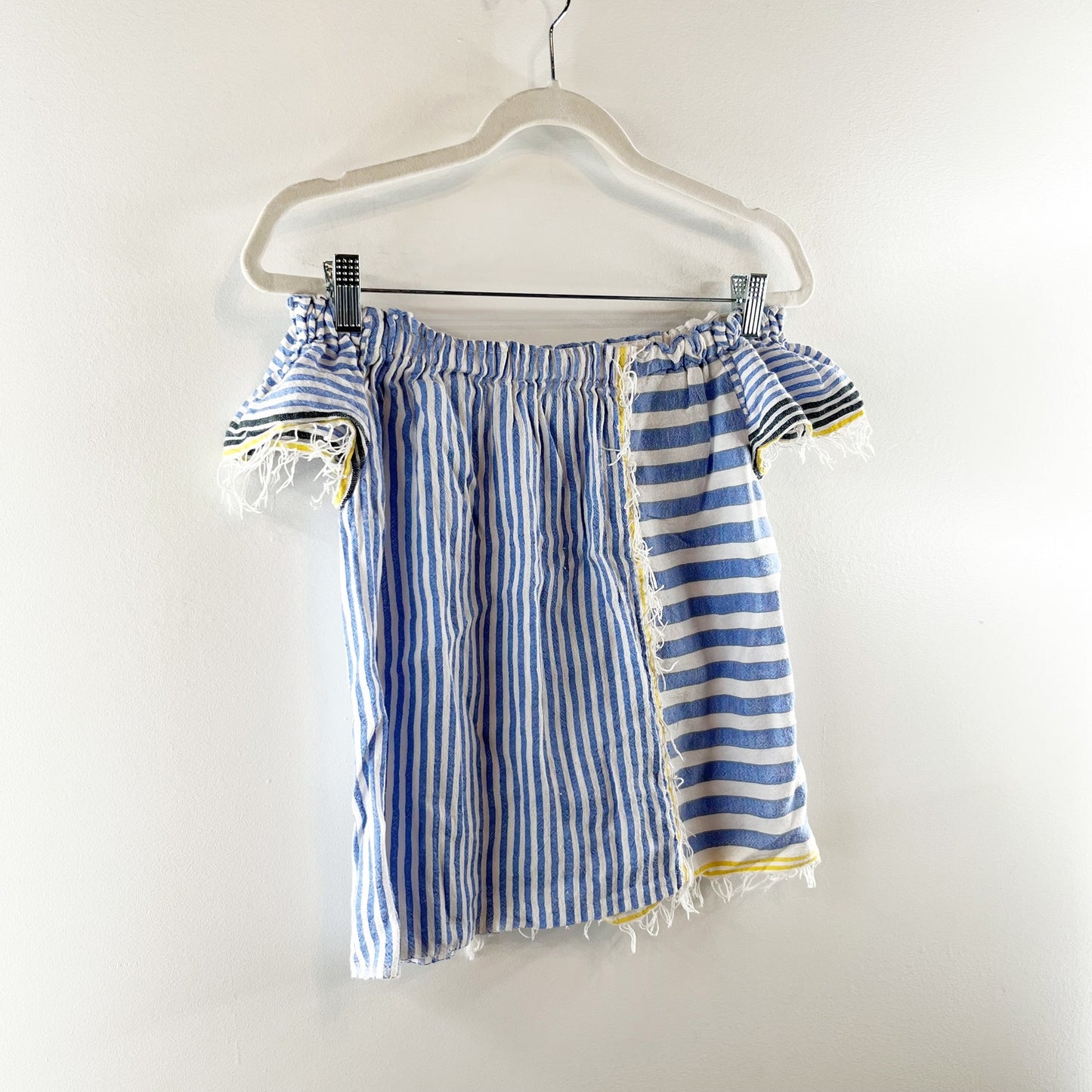 LemLem Striped Fringe Off Shoulder Cotton Top Blouse Blue White Yellow XS