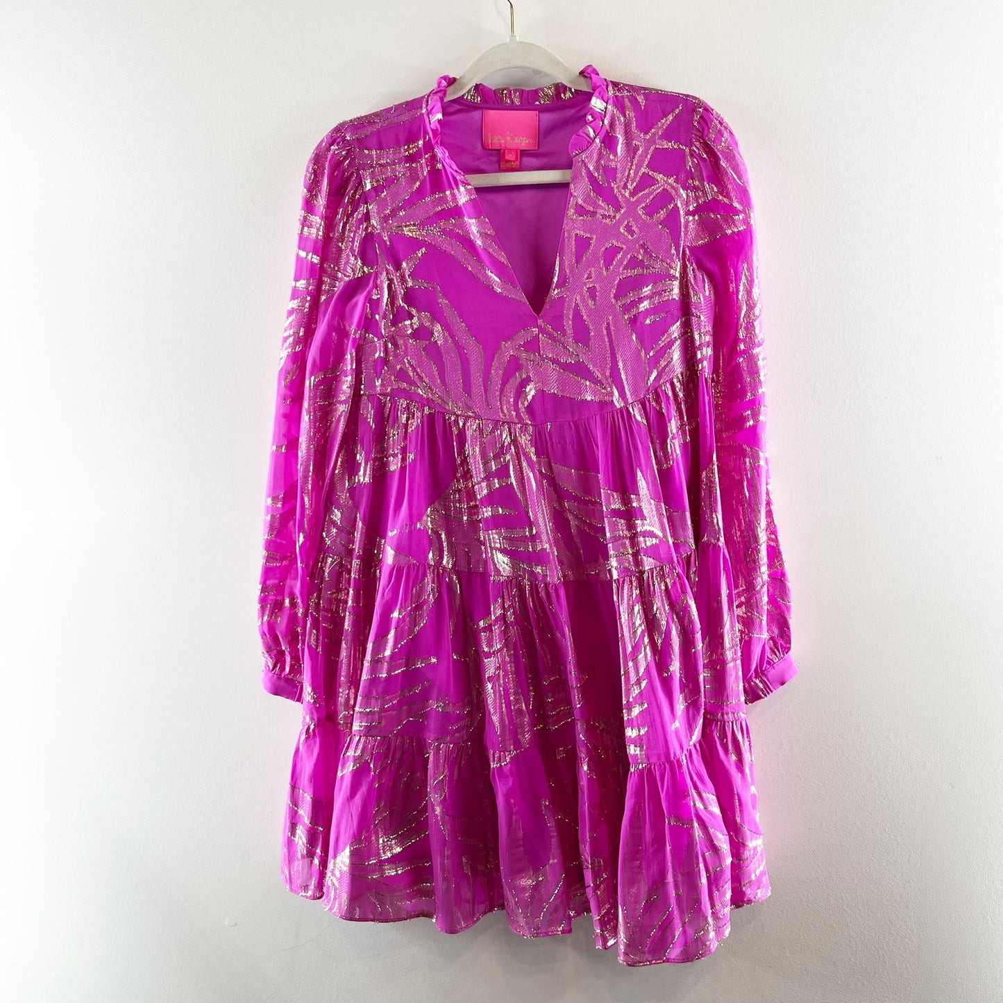 Lilly Pulitzer Sarita Silk Long Sleeve Mini Dress Wild Fuchsia Palm Leaf Pink 0