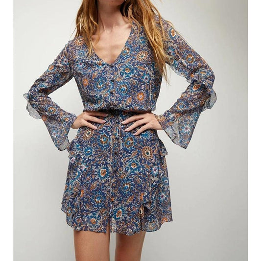 Veronica Beard Camden Long Sleeve Silk Ruffle Floral Mini Dress Blue 4