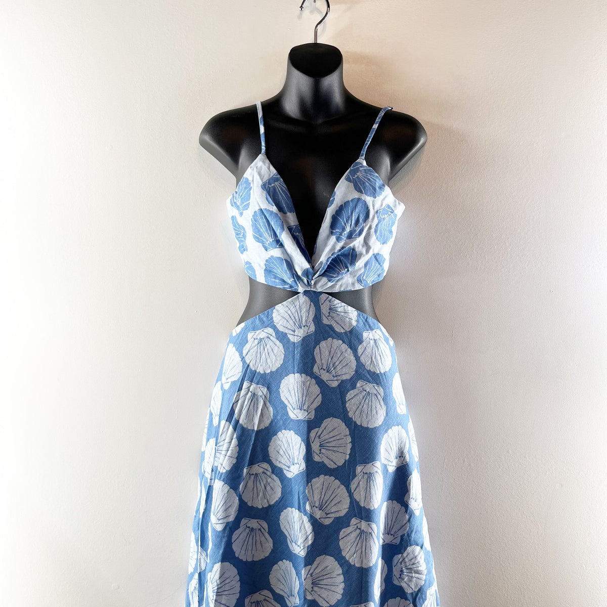 Abercrombie Julia Cutout Tie Back Shell Print Linen Blend Maxi Slip Dress Blue