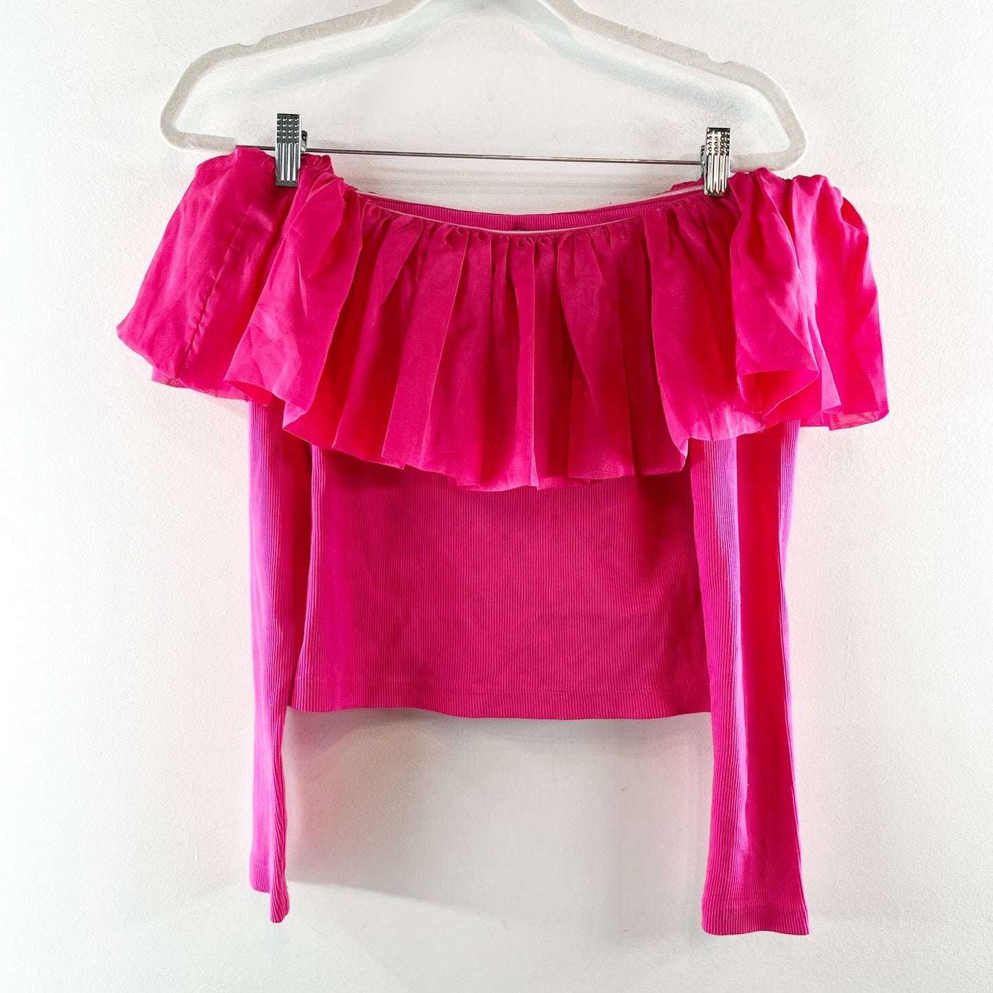 By Anthropologie Off-The-Shoulder Organza Ruffle Blouse Top Pink Small