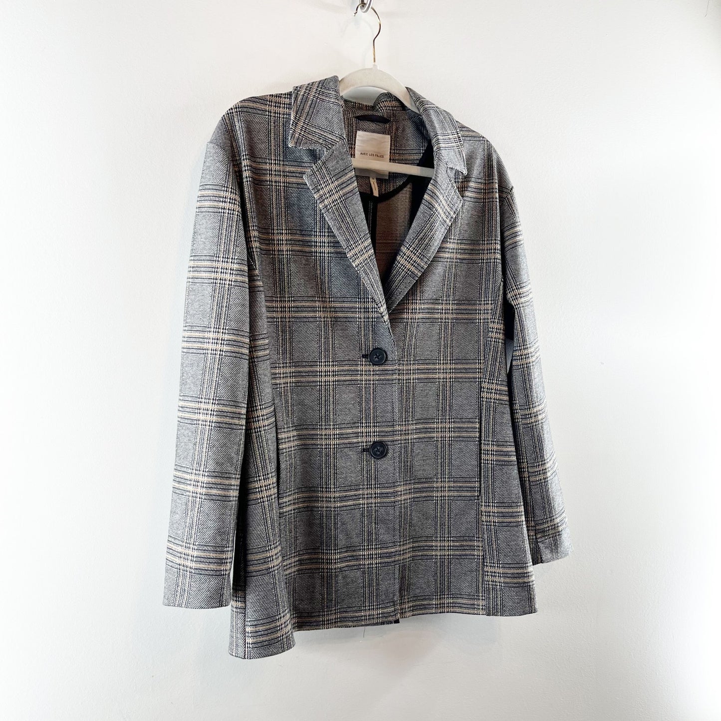 Avec Les Filles Anthropologie Oversized Longline Plaid Blazer Jacket Gray Small