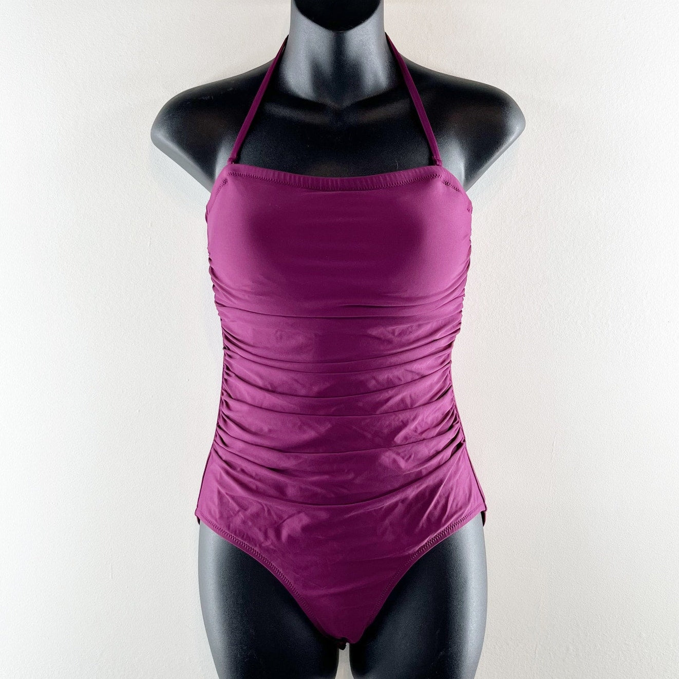 J. Crew Ruched Bandeau Halter Strapless One Piece Swimsuit Purple 4