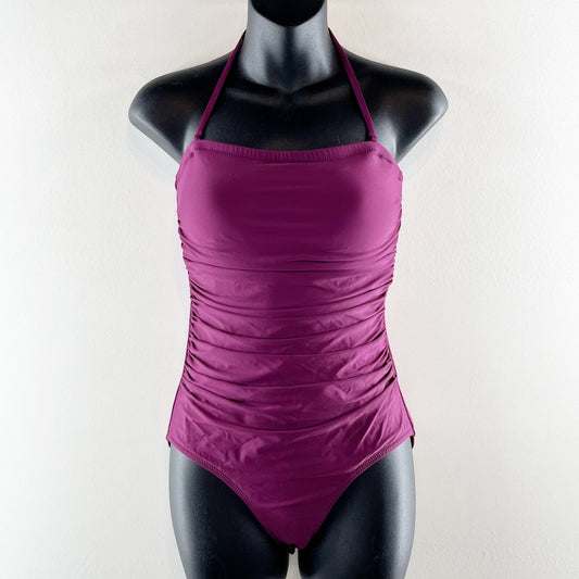 J. Crew Ruched Bandeau Halter Strapless One Piece Swimsuit Purple 4