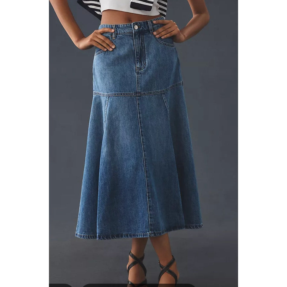 Mare Mare x Anthropologie Denim Flounce Midi Skirt Blue XS