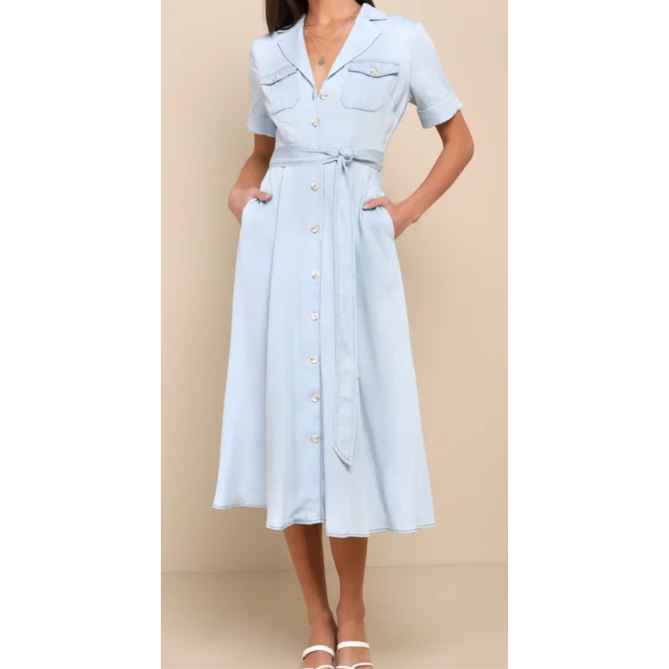 Lulus Pleasant Cutie Chambray Collared Midi Dress With Pockets Blue Medium