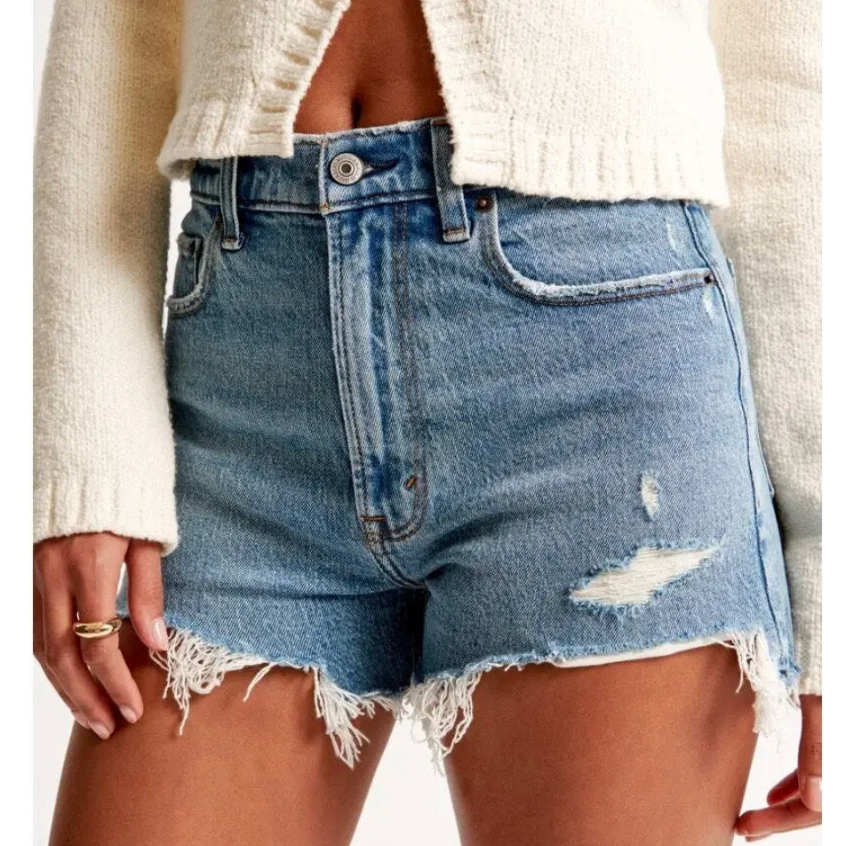 Abercrombie & Fitch High Rise Distressed Denim Mom Shorts Curve Love Blue 16