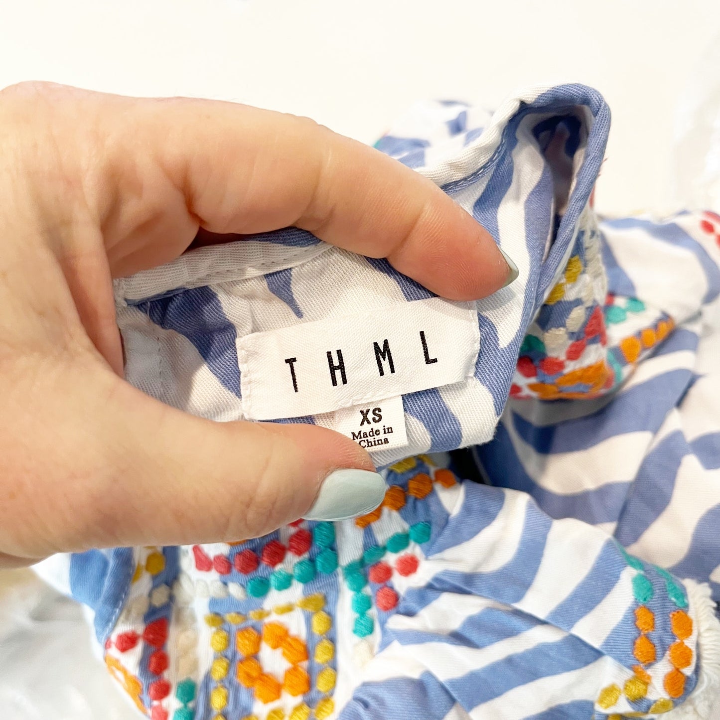 THML Embroidered Ruffle Sleeve Zebra Print Blouse Top Blue White XS
