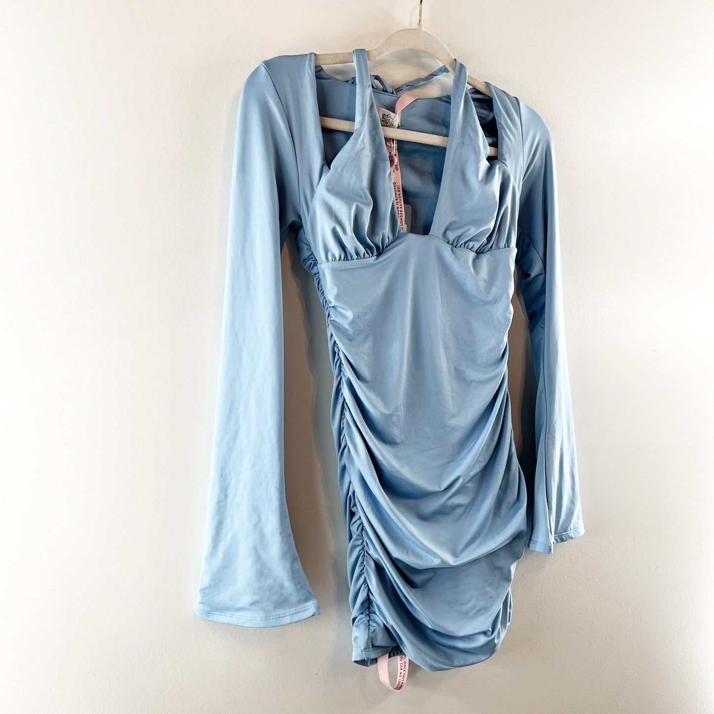 Oh Polly Short and Sweet Halter Cutout Long Bell Sleeve Mini Dress Blue 6