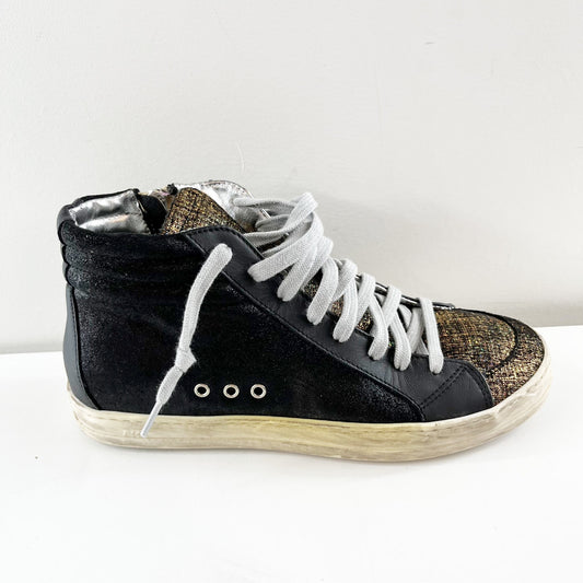 P448 High Top Lace Up Skate Sneakers Black Gold Foil 7