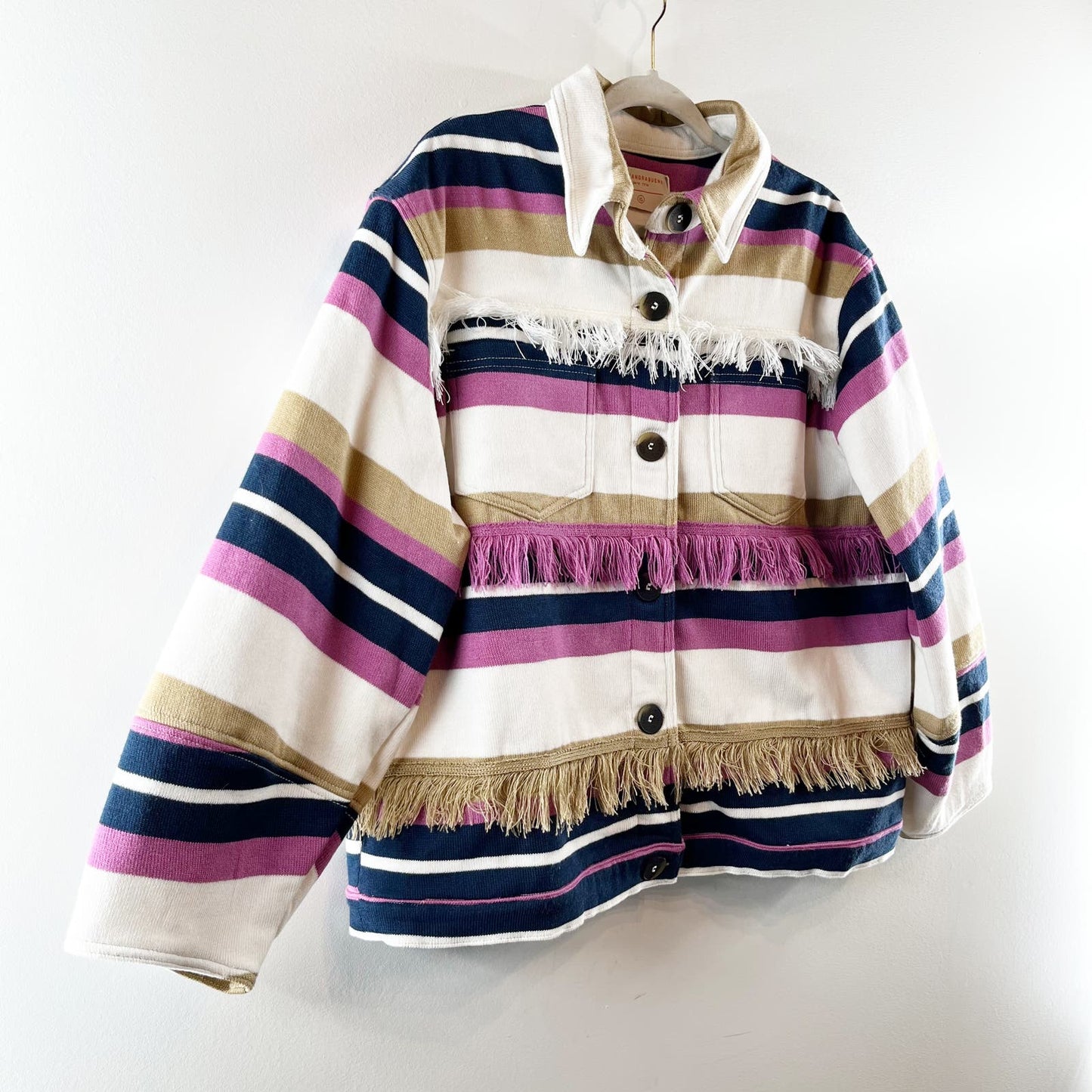 Alexandra Bueno Fringed Striped Blazer Coat Jacket Cream Pink Blue XL