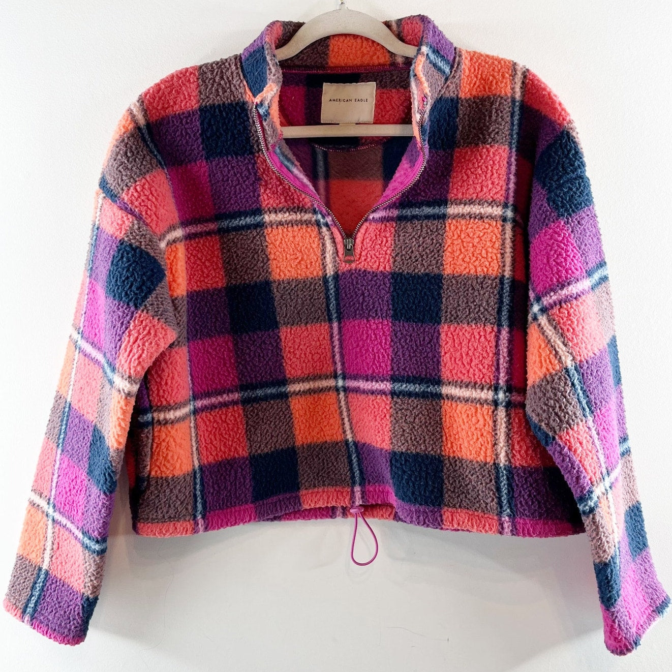 American Eagle 1/4 Zip Sherpa Fleece Pullover Plaid Jacket Pink Orange Medium