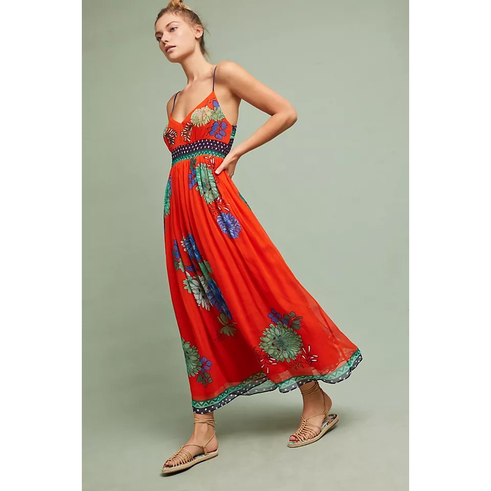 Maeve by Anthropologie Ikebana Floral Sleeveless V-Neck Maxi Dress Orange 12