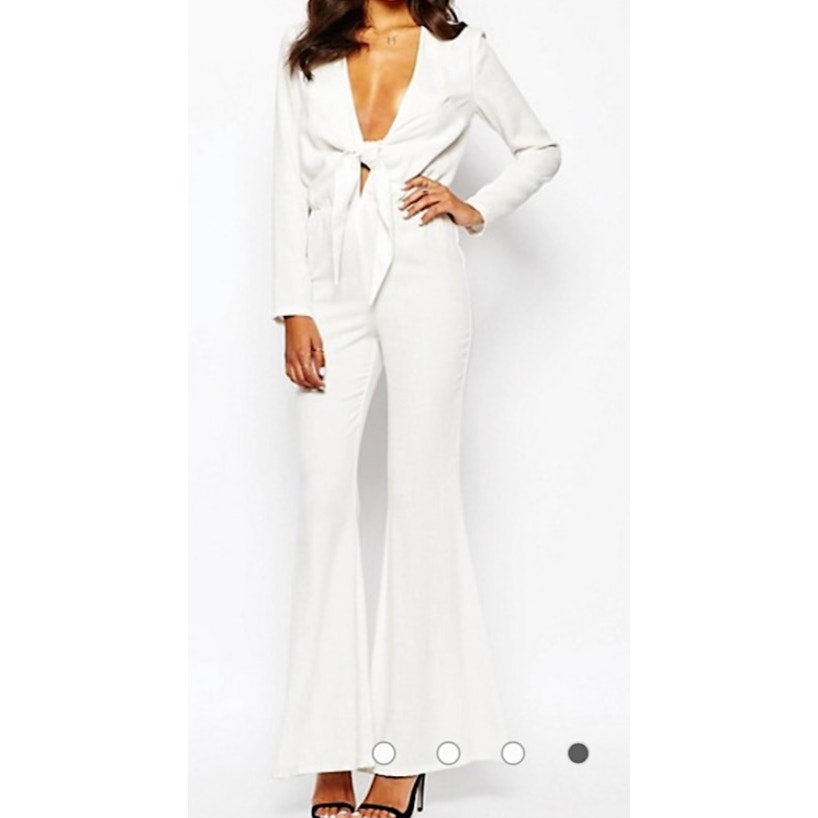 Stone Cold Fox Stardust Plunging V-Neck Flare Leg Playsuit Jumpsuit White XS / S