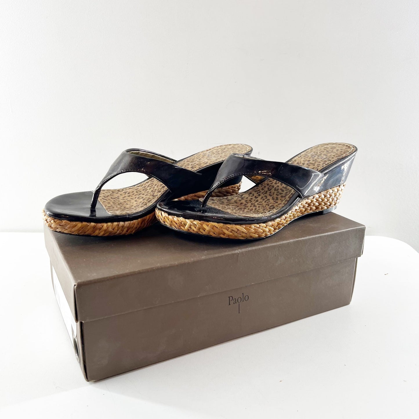 Paolo Dina Patent Leather Slip On Wedge Thong Sandals Loam Brown 8.5