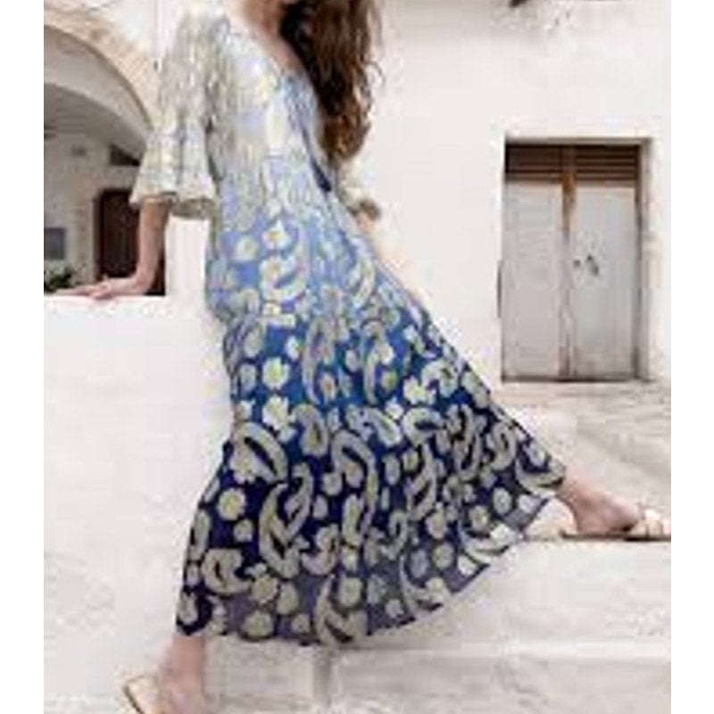 Debbie Katz South Beach Daniella Metallic Paisley Maxi Dress Blue Gold Small