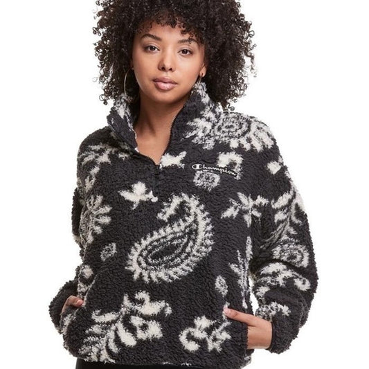 Champion Floral Paisley Quarter Zip Sherpa Fleece Pullover Jacket Black White L