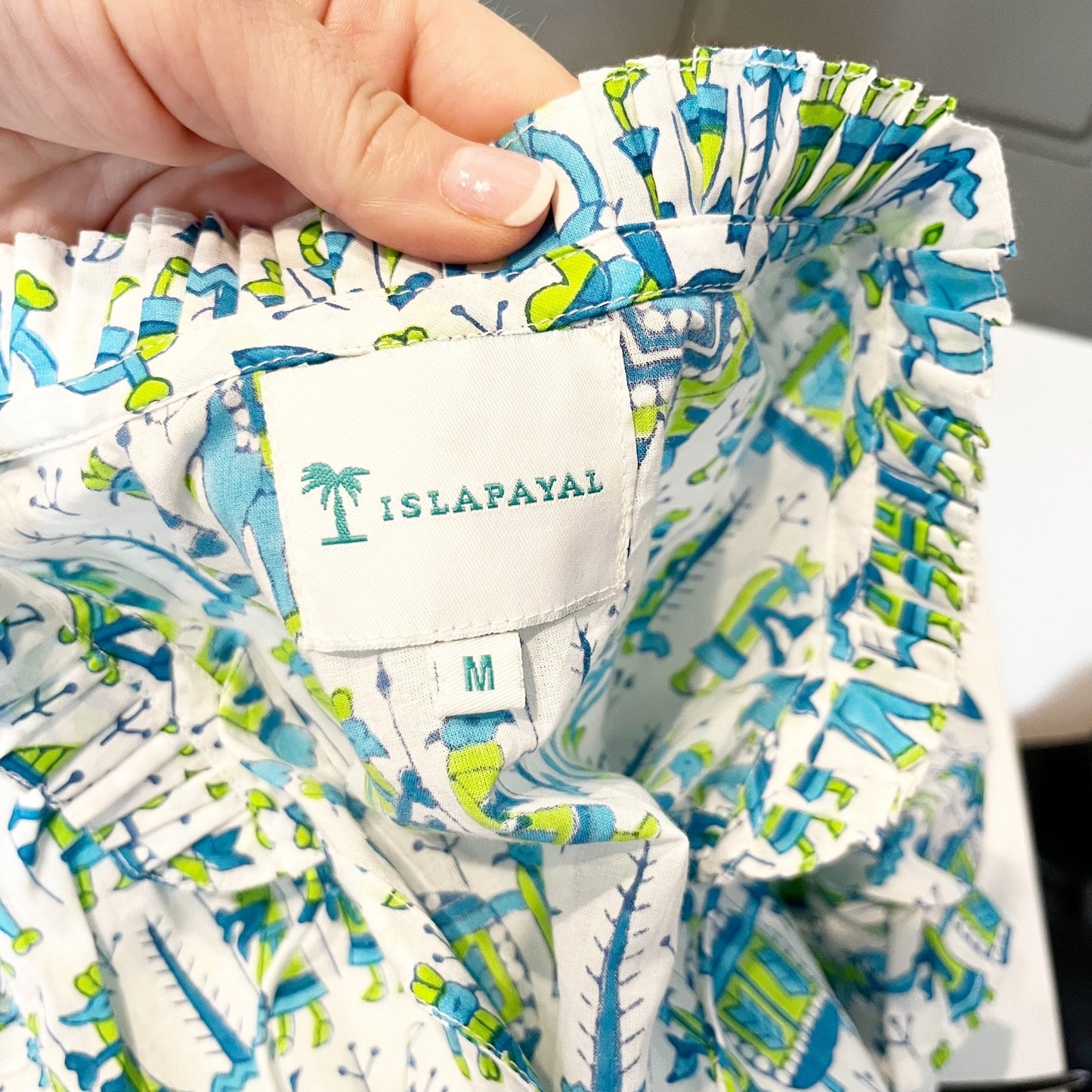 Islapayal Cotton Tunic Printed Ruffle Sleeve Mini Dress White Blue Green Medium