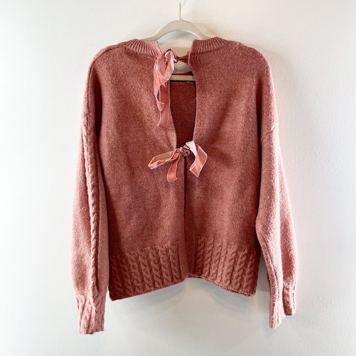 Papermoon Cable Trim Crewneck Bow Tie Back Pullover Sweater Pink Medium