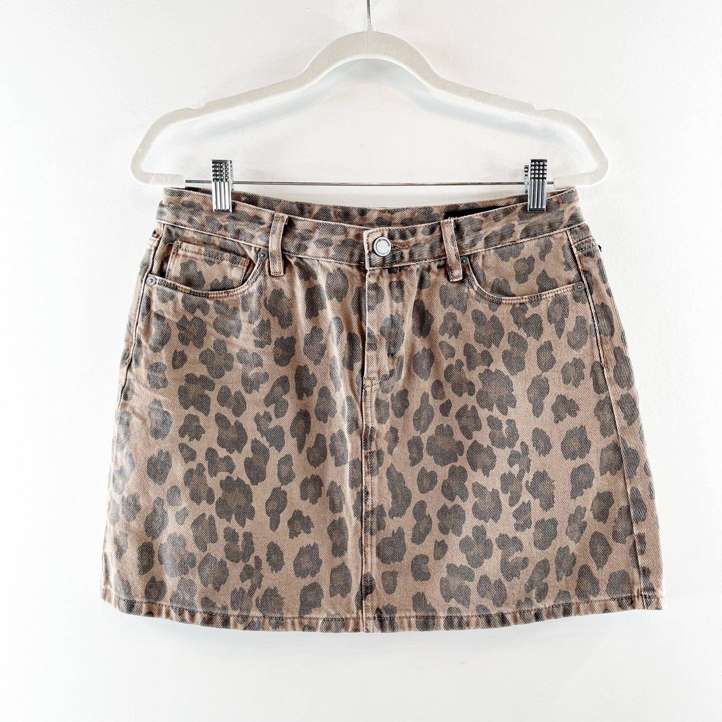 Blank NYC Catwalk Denim Leopard Mini Skirt Tan Brown Black 29