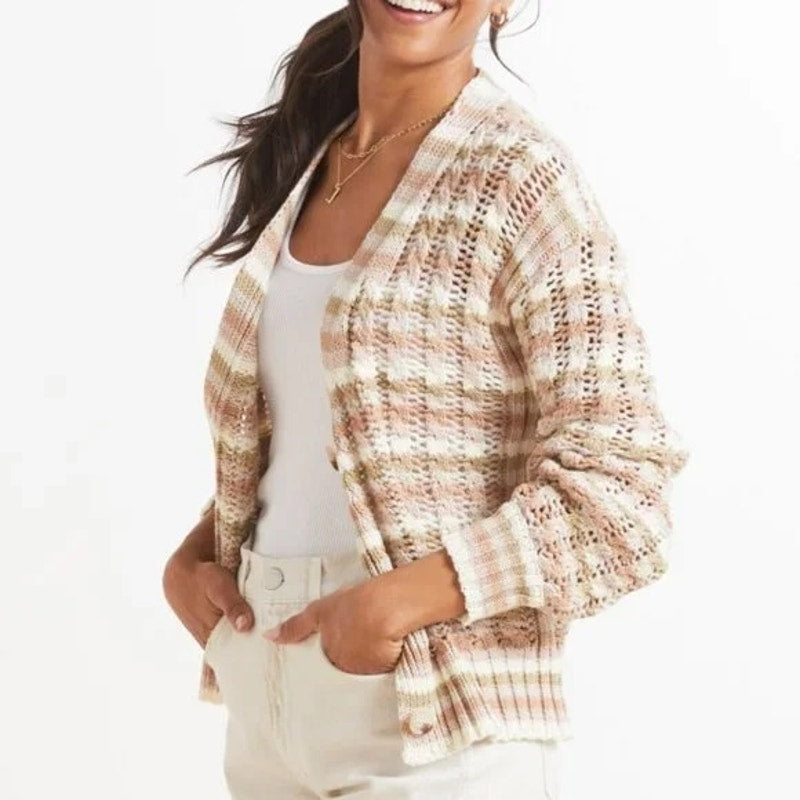 John + Jenn Julianna Striped Knit Cardigan Sweater Tan Pink Medium