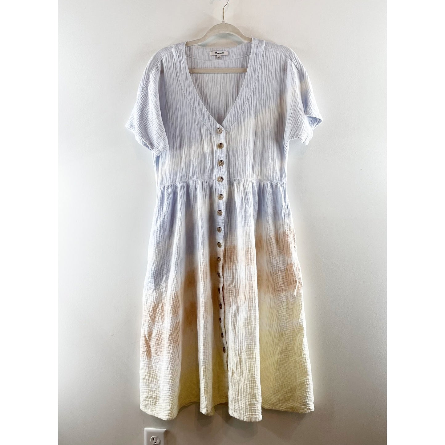 Madewell Tie-Dye Lightspun Button-Front Gauze Cotton Midi Dress Blue Yellow M