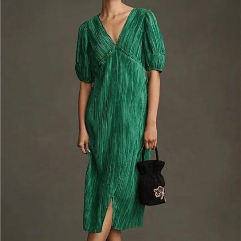 Anthropologie V Neck Short Puff Sleeve Plisse Pleated Midi Dress Green Medium