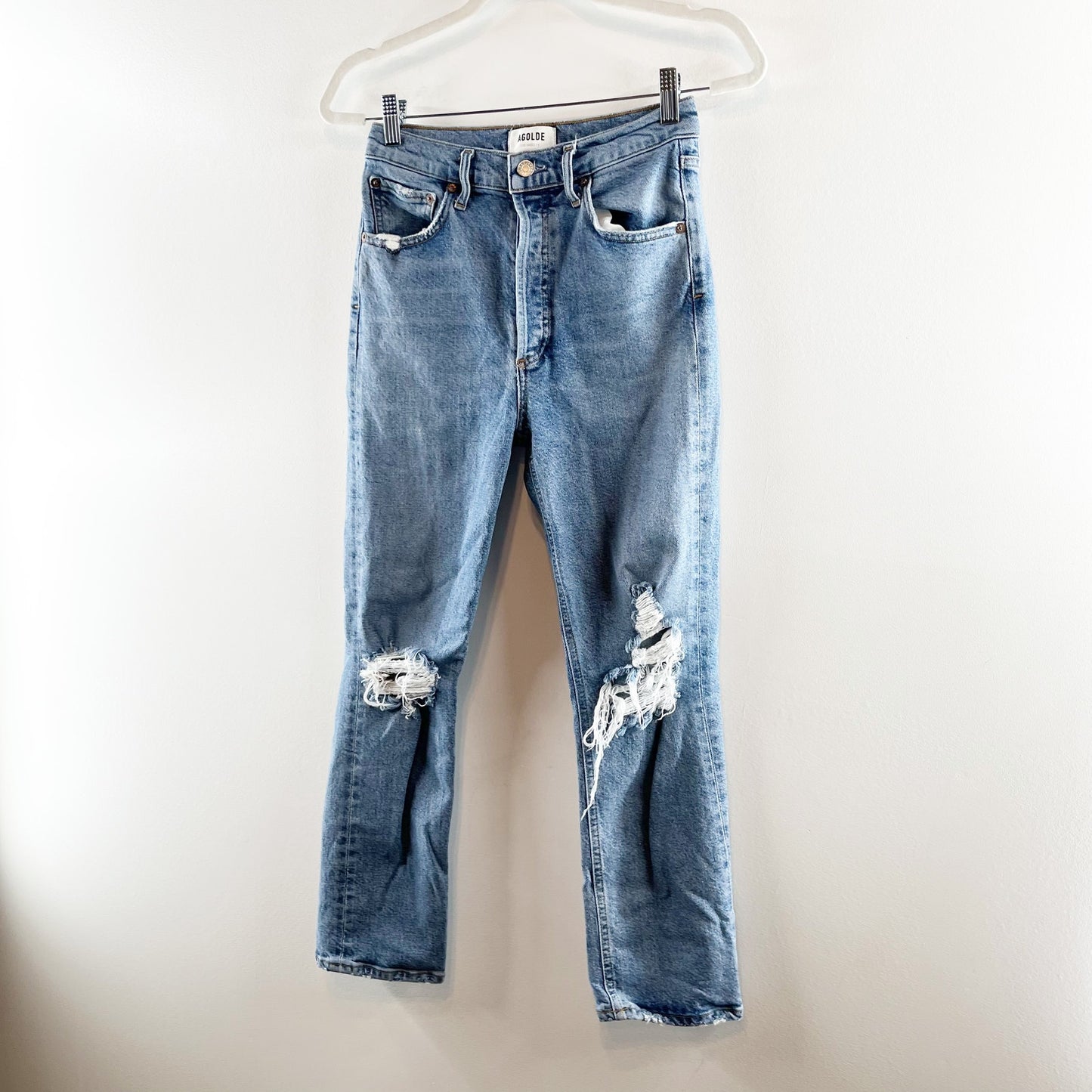 AGOLDE Riley High Rise Slim Straight Distressed Ripped Crop Jeans Blue 26