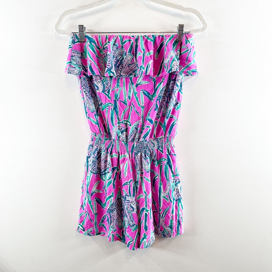 Lilly Pulitzer Anja Tropical Strapless Short Romper Vibrant Pink Turquoise XS