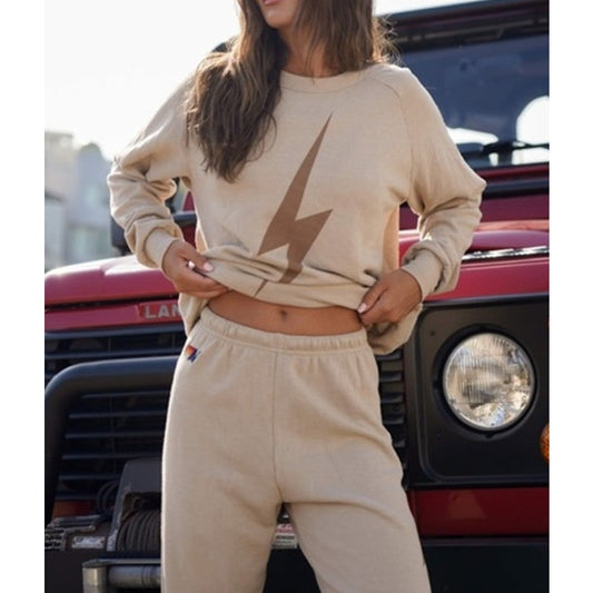 Aviator Nation Lightning Bolt Crewneck Sweatshirt Sweatpants Matching Set Sand S