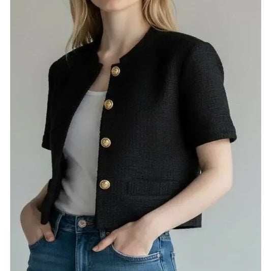 Derek Lam 10 Crosby Short Sleeve Cropped Tweed Blazer Jacket Black Small