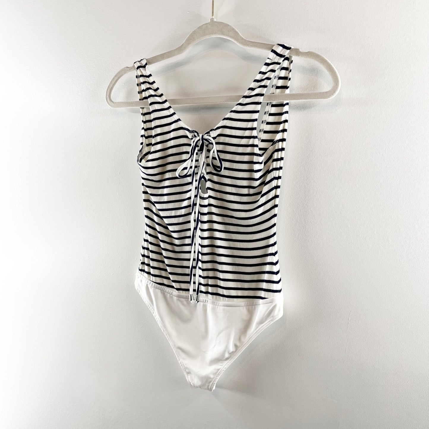 Lovers + Friends Allie Tank Top Striped Lace Up Bodysuit Navy Blue White Small