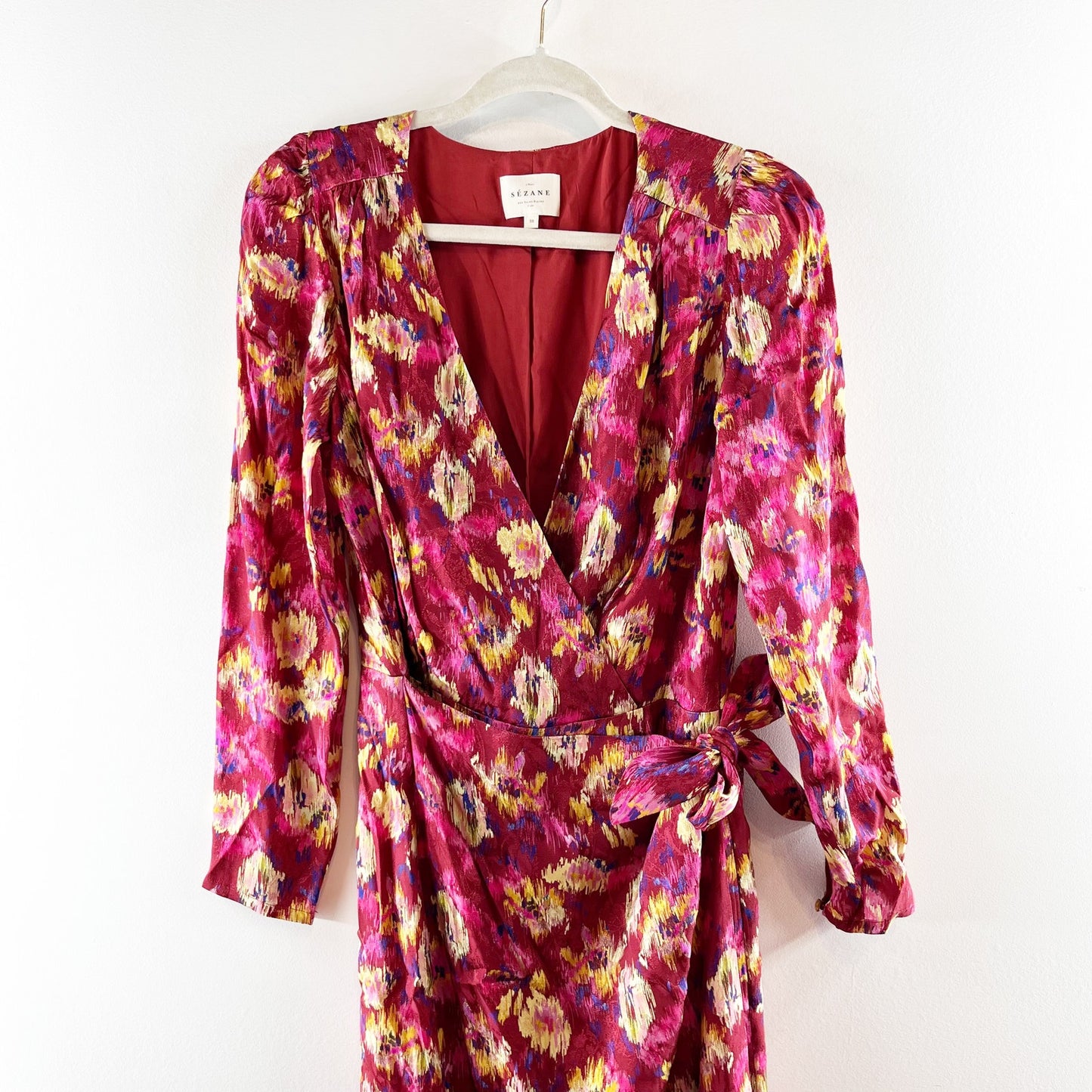 Sezane Long Sleeve V Neck Floral Wrap Midi Dress Pink Red 38 / US 6