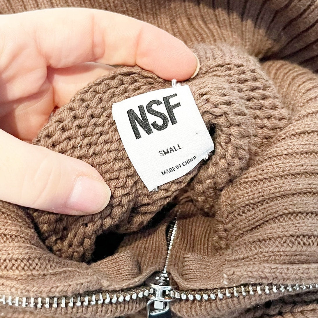 NSF Aminah Cable Knit 1/2 Zip Long Sleeve Sweater Pullover Brown Small