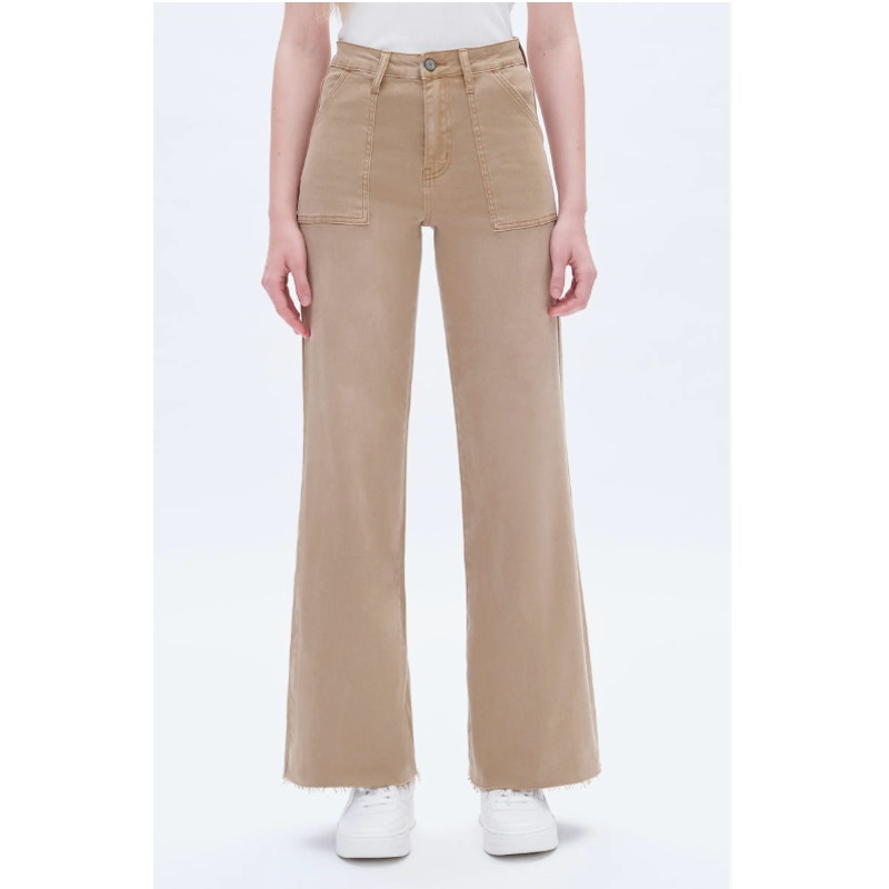 Bayeas Raw Hem High Waist Utility Wide Leg Jeans Faded Khaki Tan 28