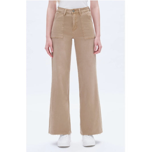 Bayeas Raw Hem High Waist Utility Wide Leg Jeans Faded Khaki Tan 28